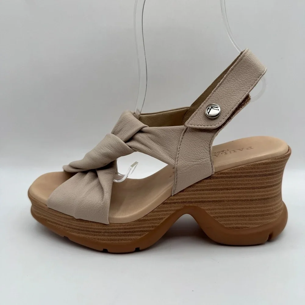 Paula Urban Leather Platform Wedge Sandals Womens 37 Beige Twisted‎ Slingback
